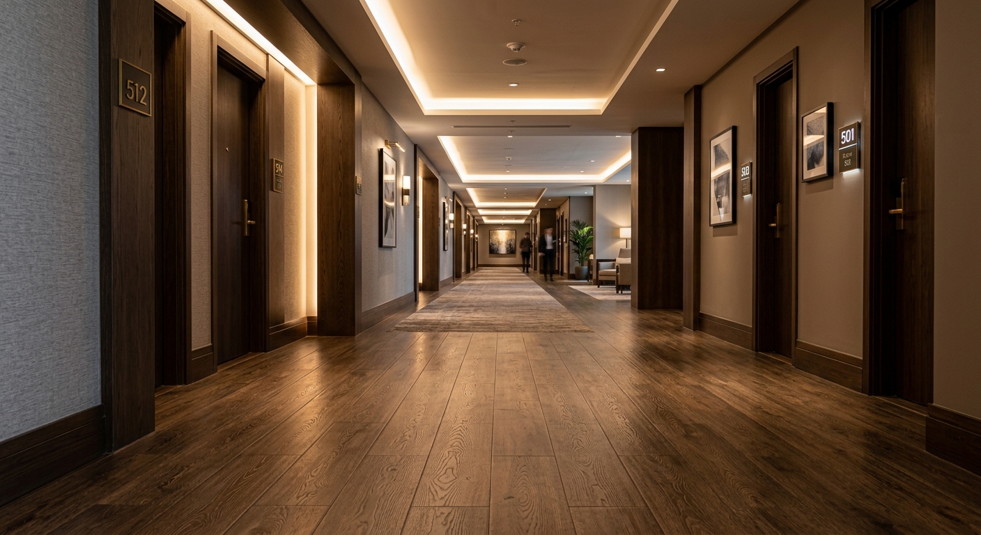 Hotel corridor with embossed-in-register SPC wood-look flooring