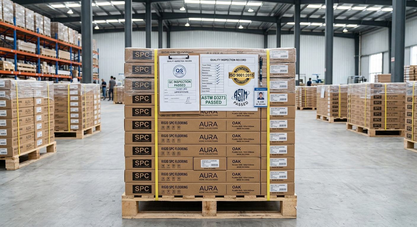 SPC flooring cartons stacked in factory warehouse with quality control documentation