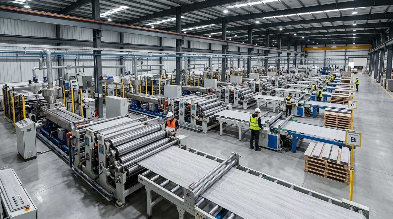 Interior view of a modern SPC flooring extrusion factory with multiple production lines