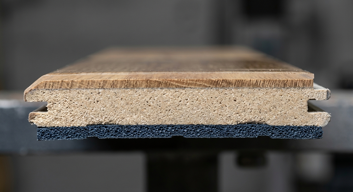 Macro cross-section of an SPC flooring plank showing wear layer, decor film, SPC core, and underlayment