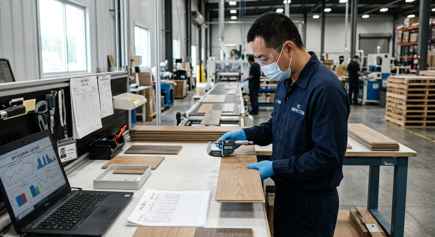 Quality control technician measuring SPC flooring thickness with a digital micrometer