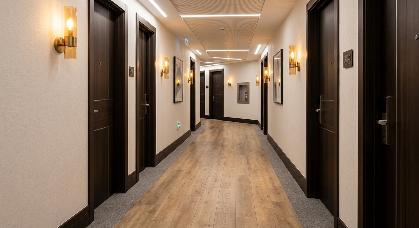 Modern hotel corridor with installed SPC flooring in light oak finish