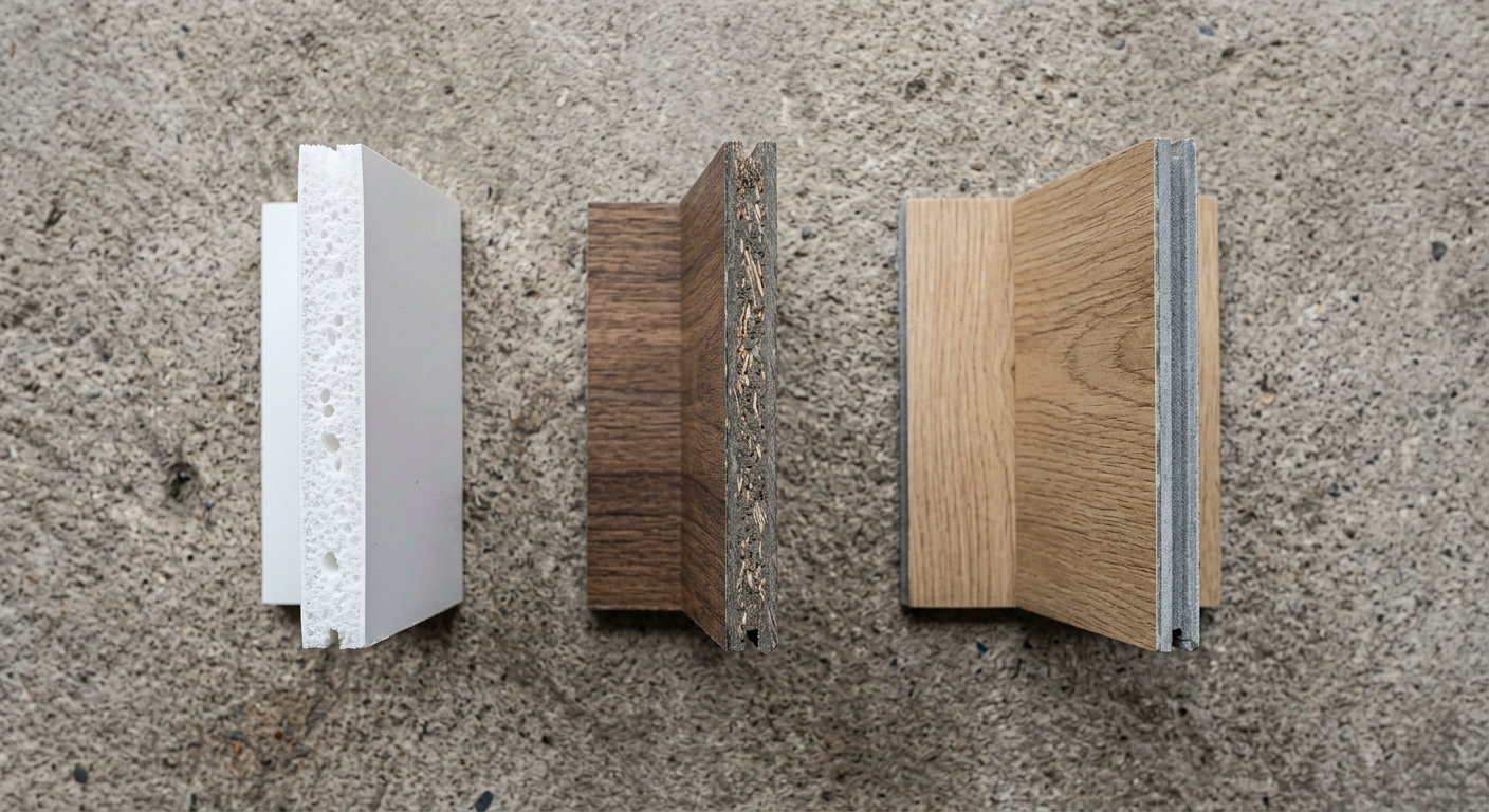 PVC, WPC, and SPC wall panel samples laid flat showing material differences