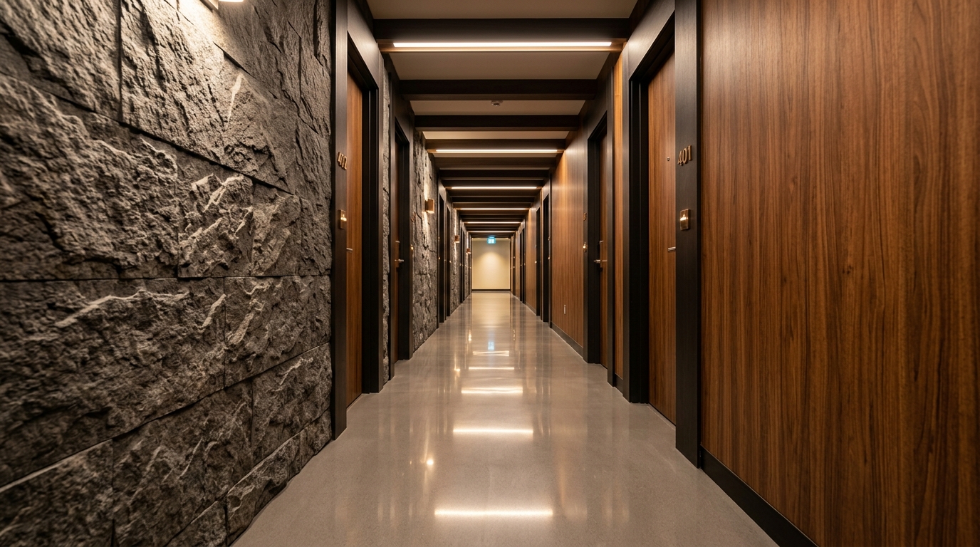 Hotel corridor with SPC and WPC wall panel installation