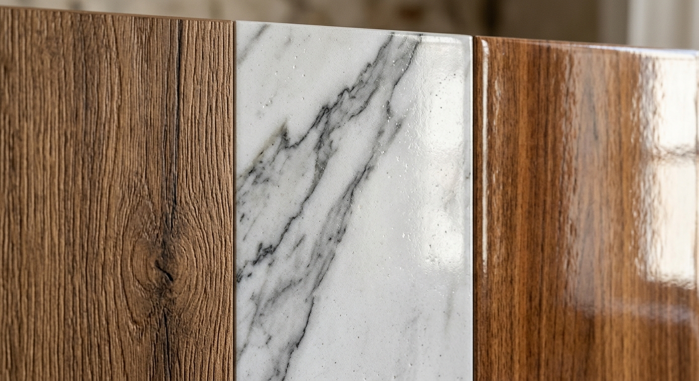 Macro close-up of wood grain, marble, and printed wall panel surface textures