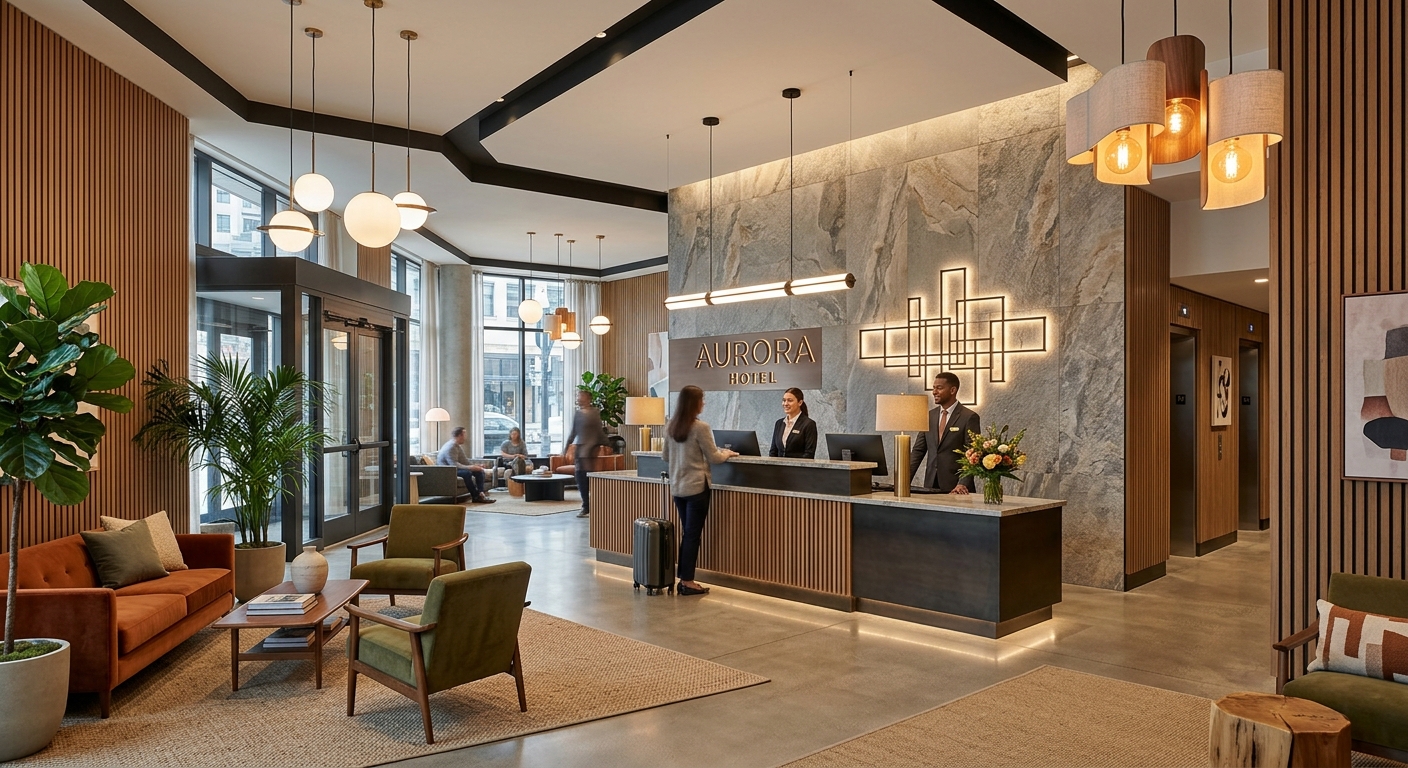 Boutique hotel lobby with SPC marble accent wall and WPC slat side panels