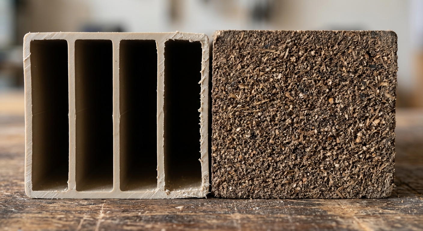 Cross-section comparison of hollow PVC wall panel and solid WPC wall panel