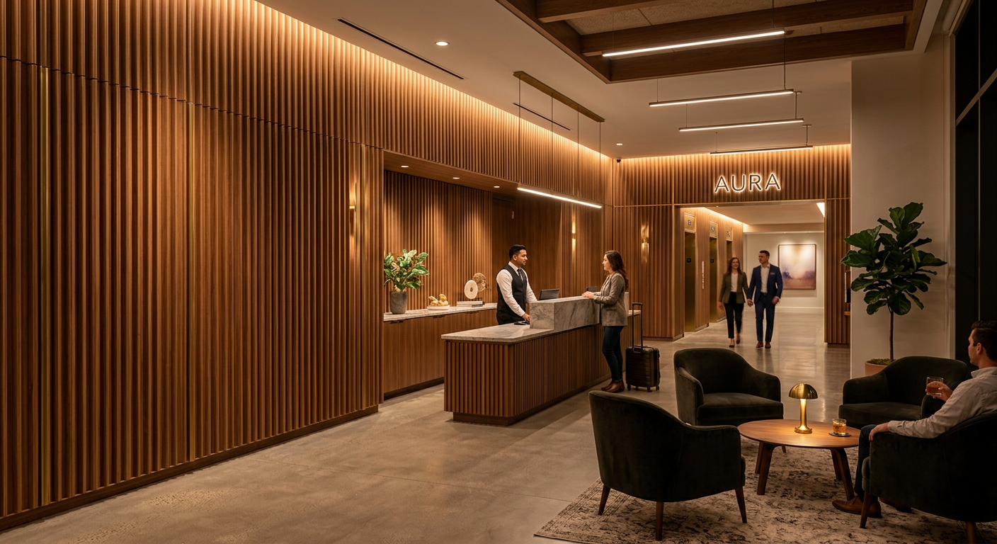 WPC fluted wall panels in a modern hotel lobby interior