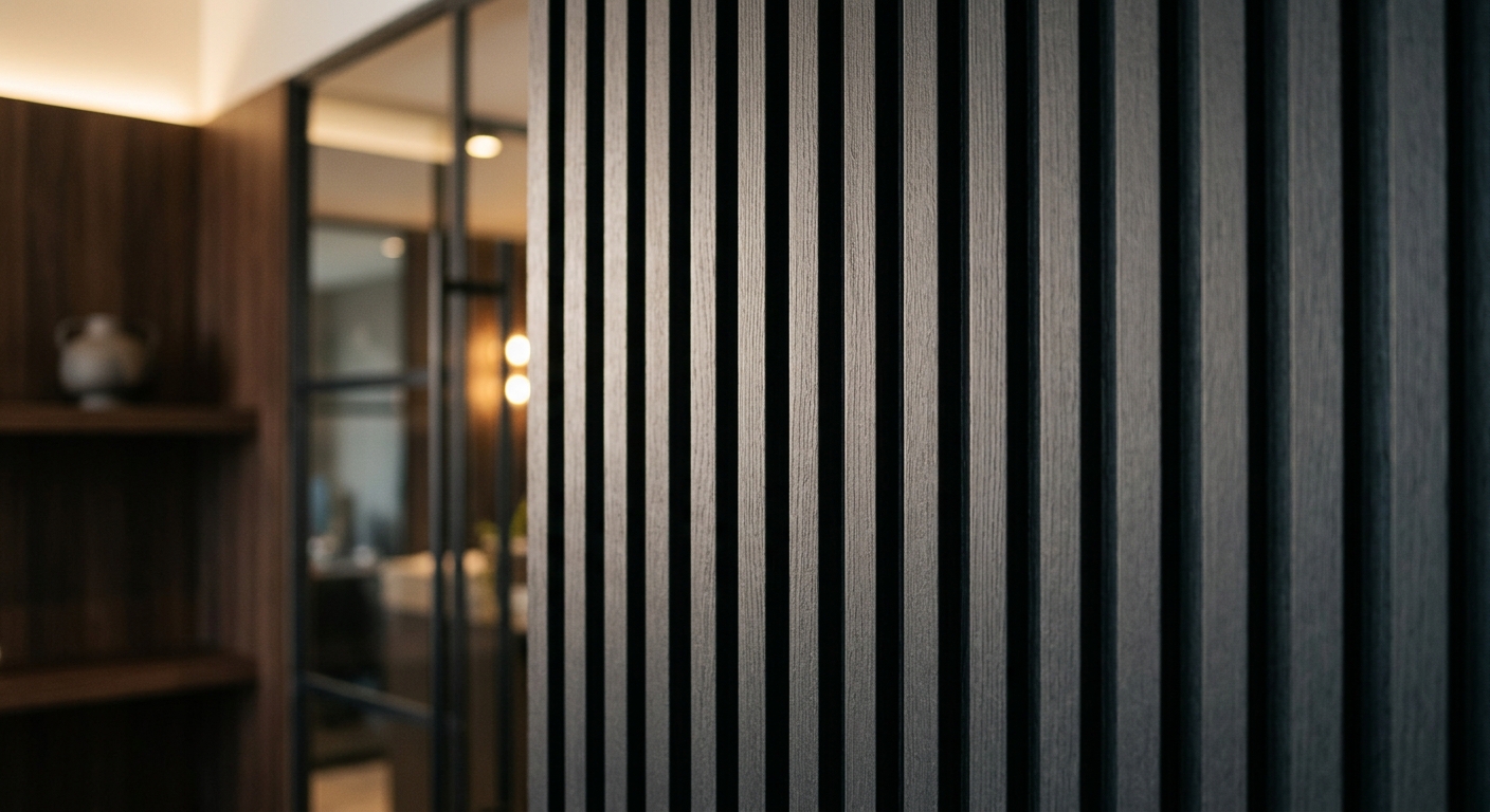 Charcoal WPC fluted slat wall panels in a contemporary office