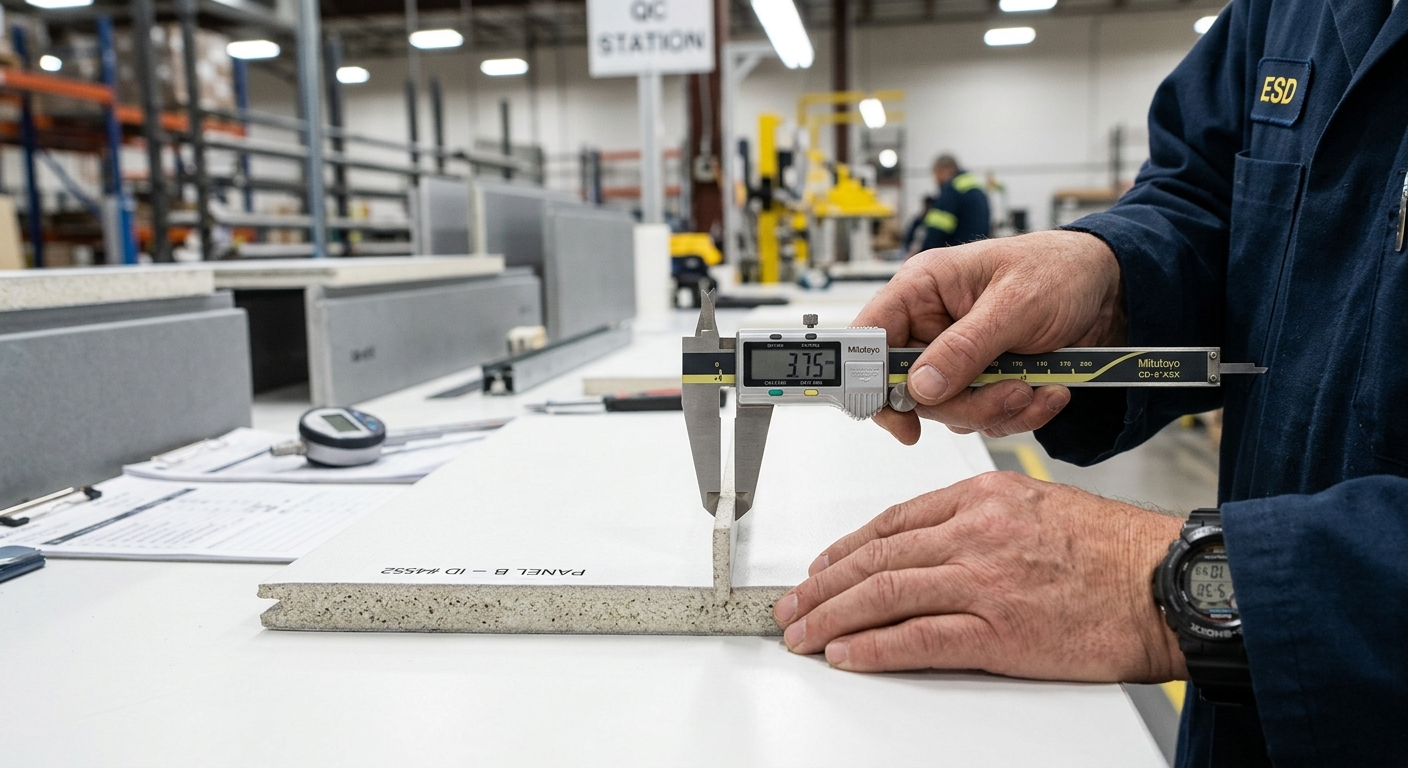Factory quality inspector measuring wall panel thickness with calipers