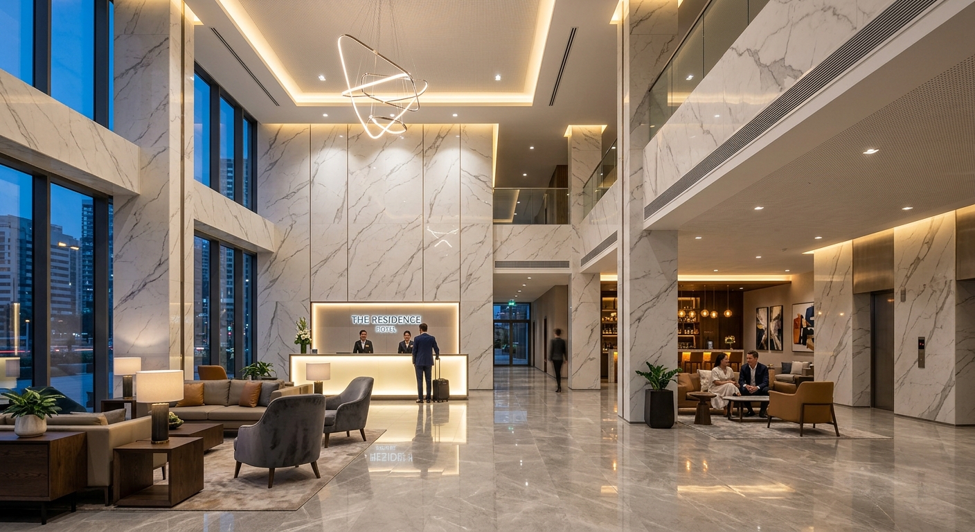 Modern hotel lobby clad in large-format UV marble wall panels