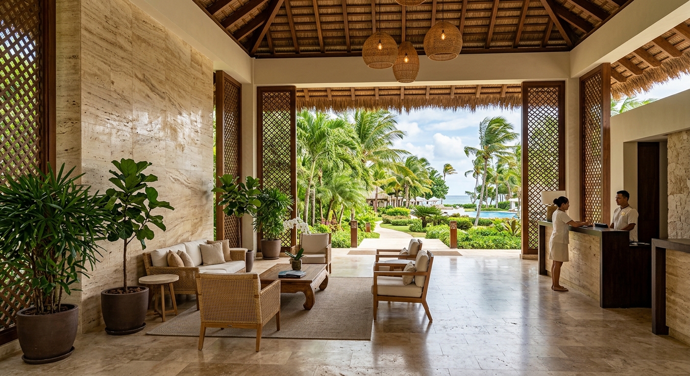 Tropical resort lobby with travertine-look UV marble panels