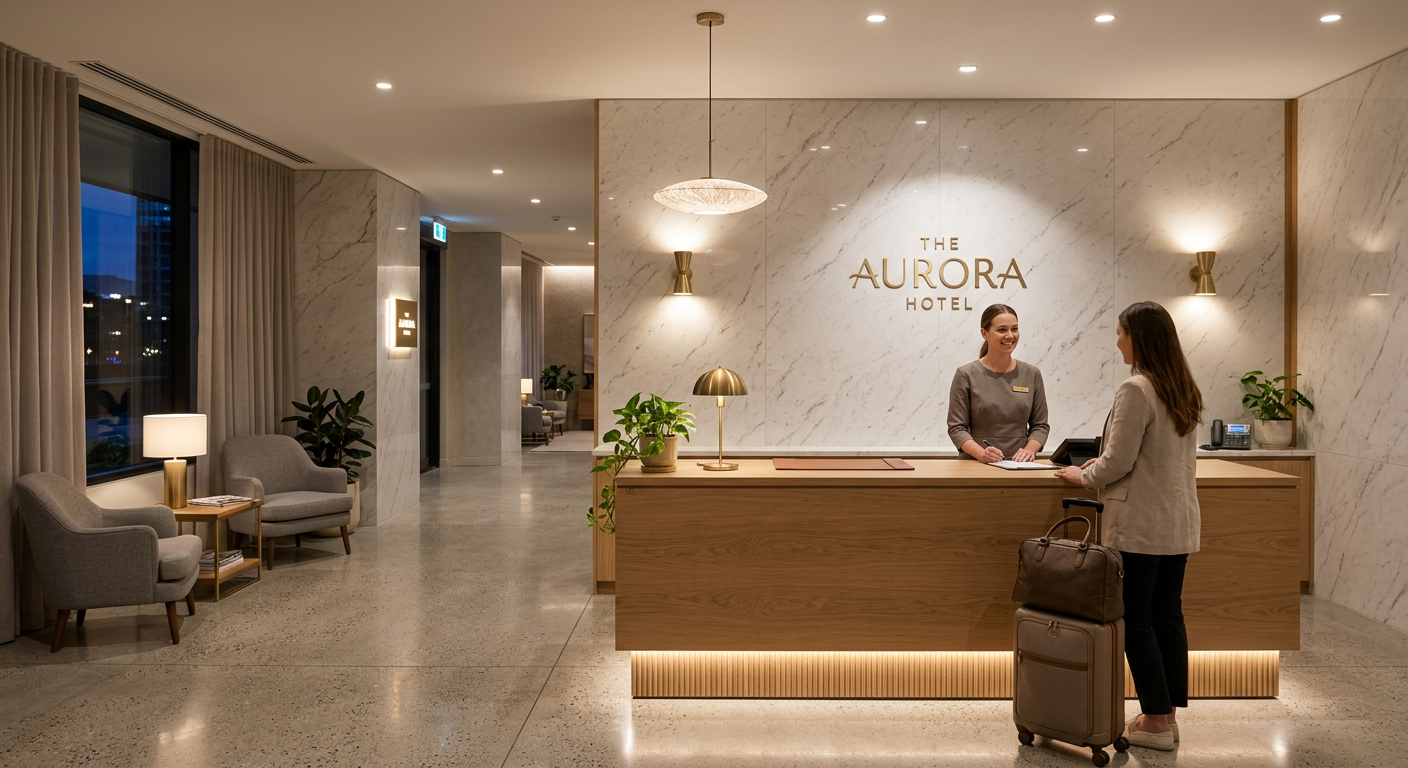 Hotel reception with grey Carrara-style UV marble panel wall