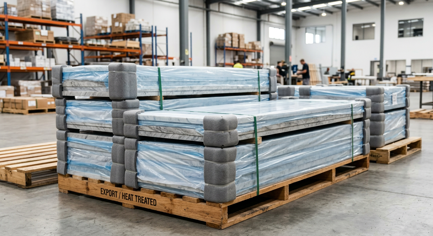 UV marble sheets wrapped and palletized for export shipping