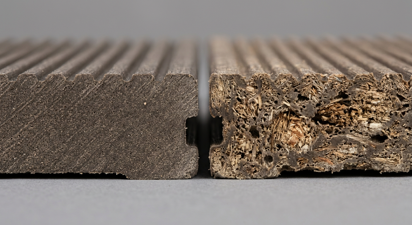 Cross-section comparison of high-quality and low-quality WPC decking boards