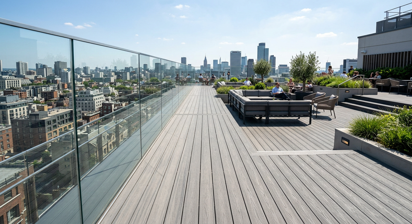 Capped WPC decking on a sunlit rooftop terrace with no visible color fading
