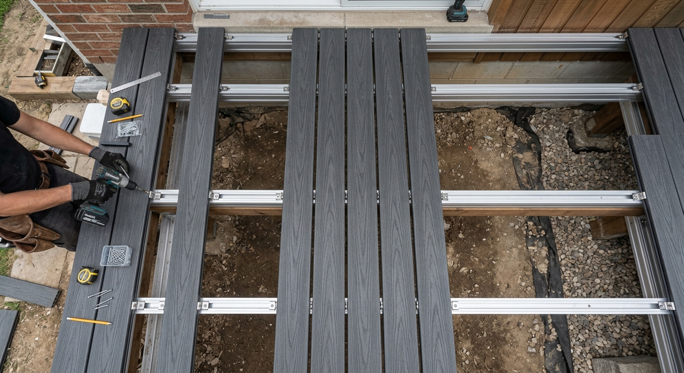 Proper WPC decking installation showing hidden clips, aluminum joists and expansion gaps