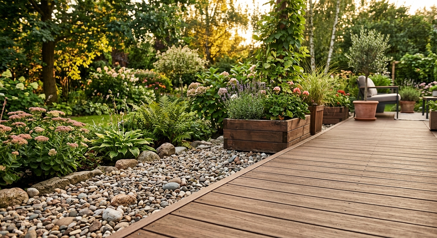 WPC garden deck with proper drainage transition to gravel zone