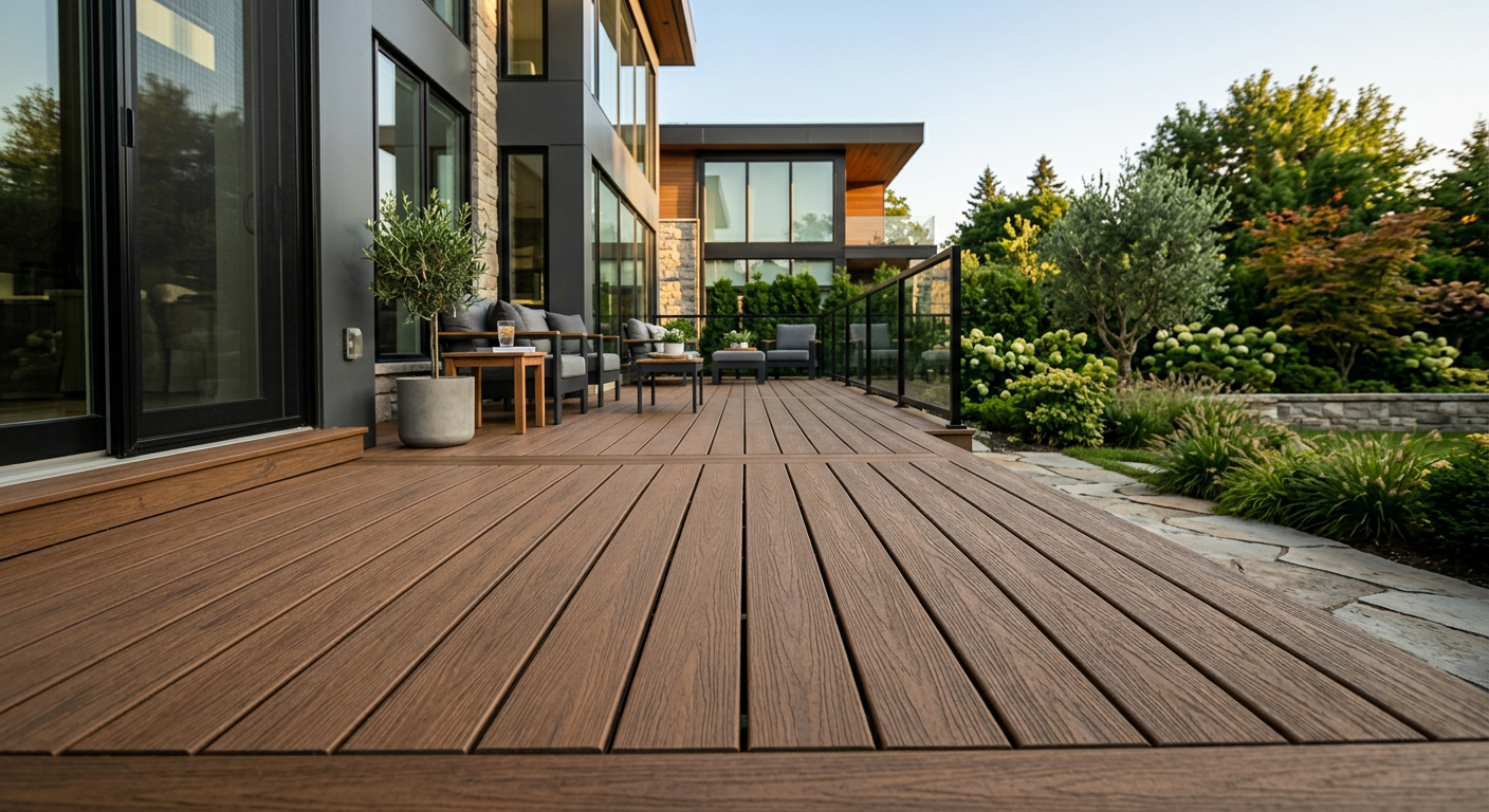 Modern WPC deck beside contemporary home showing clean wood-grain texture