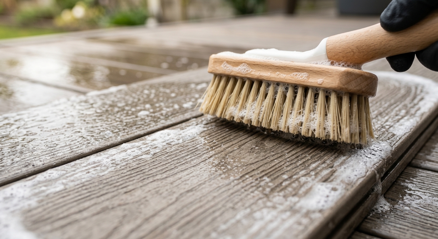 Soft brush cleaning WPC decking with mild soap and water