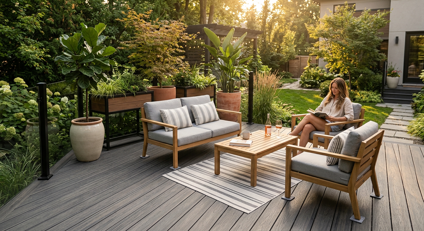 Backyard WPC deck with lounge furniture and potted plants on raised stands