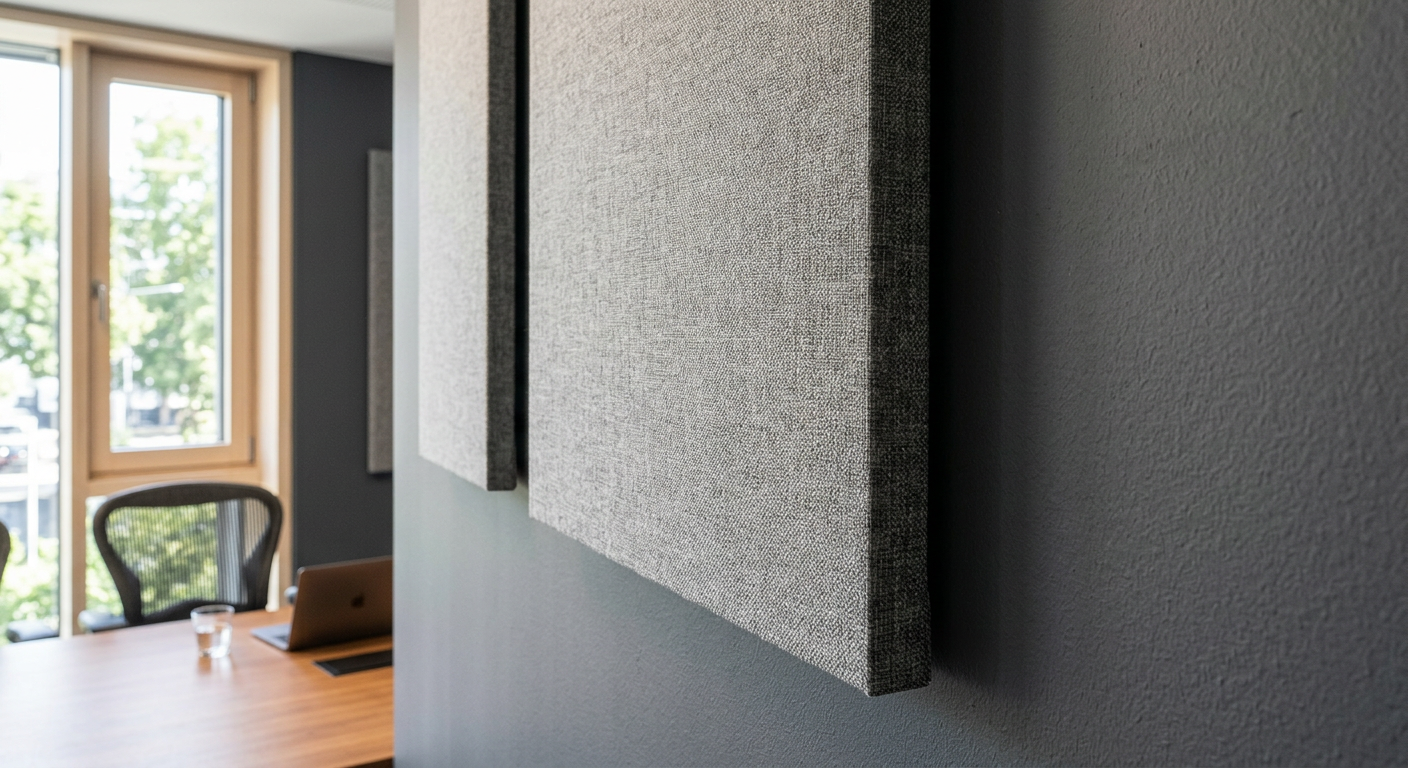 Close-up of fabric-wrapped acoustic panel texture in an office setting