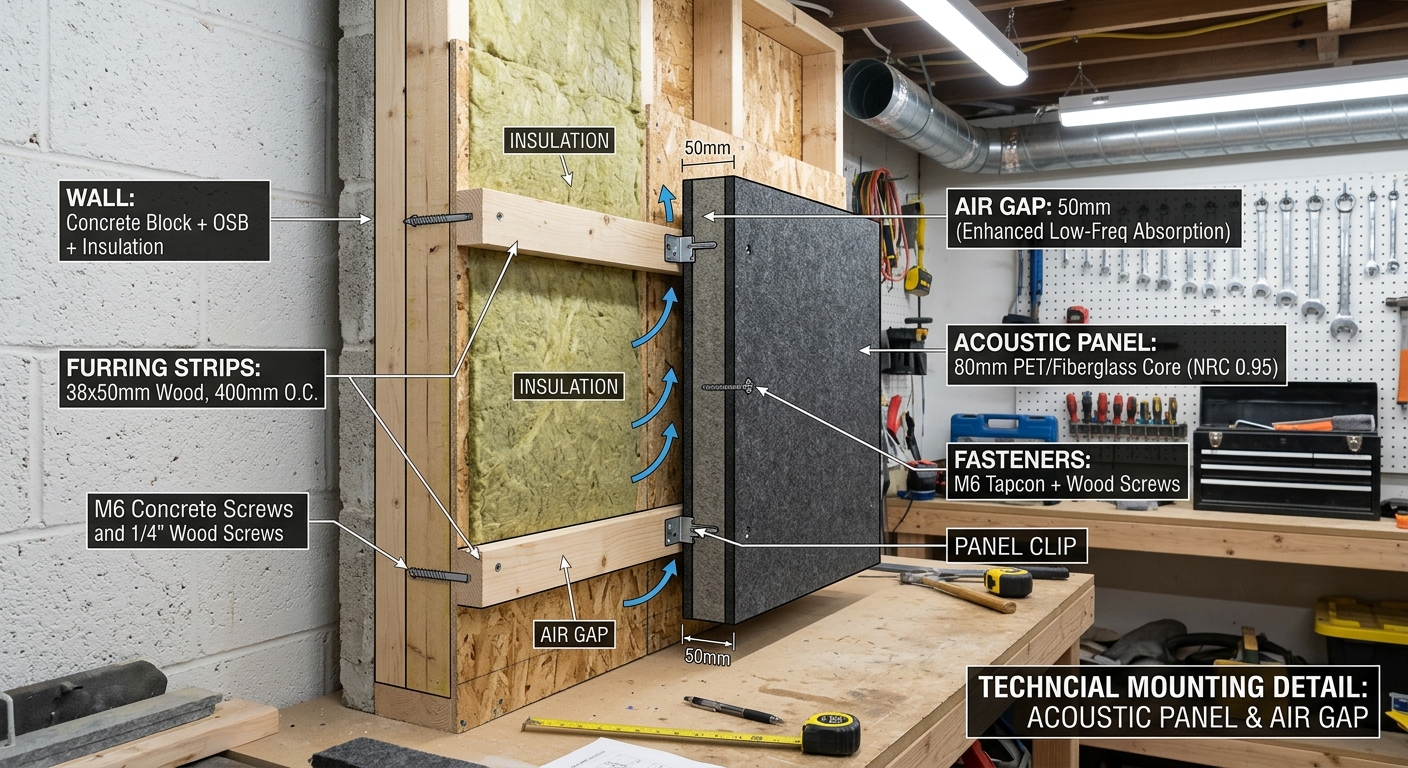 Acoustic panel mounted with air gap using furring strips for improved sound absorption