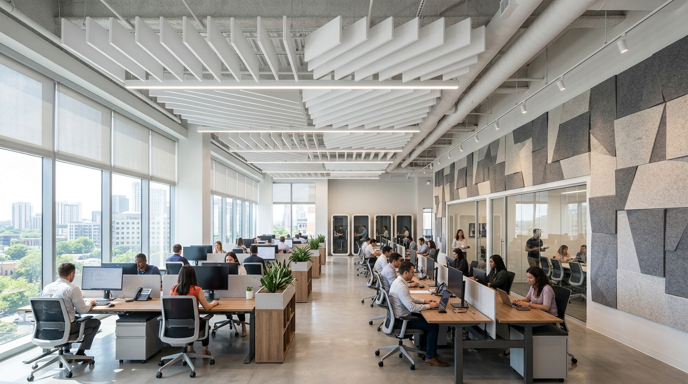 Open-plan office with combined acoustic wall and ceiling panel installation
