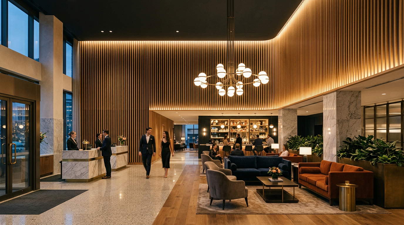 Hotel lobby with wood-slat acoustic wall panels and warm lighting