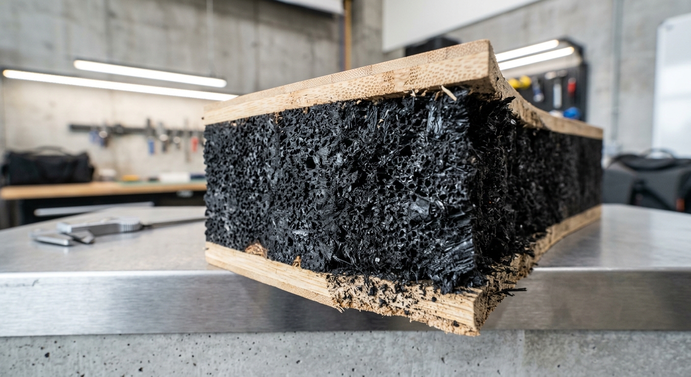 Cross-section view of bamboo charcoal panel core showing carbonized layer