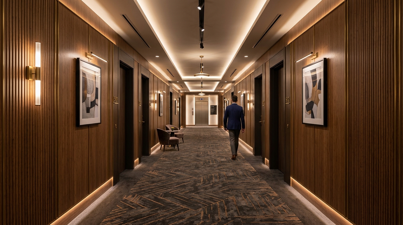 Hotel corridor featuring bamboo charcoal wall panels along the walls