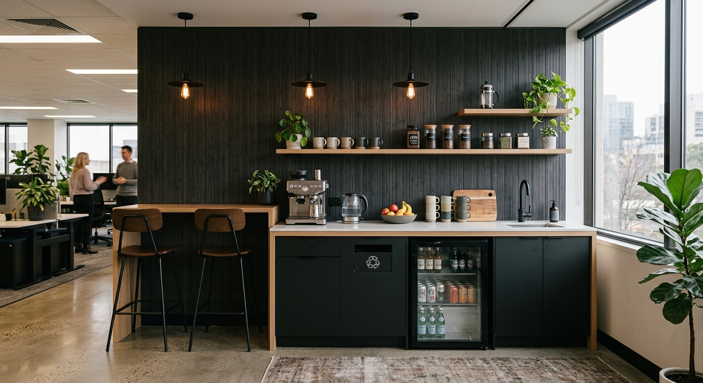 Office pantry wall clad in dark bamboo charcoal accent panels