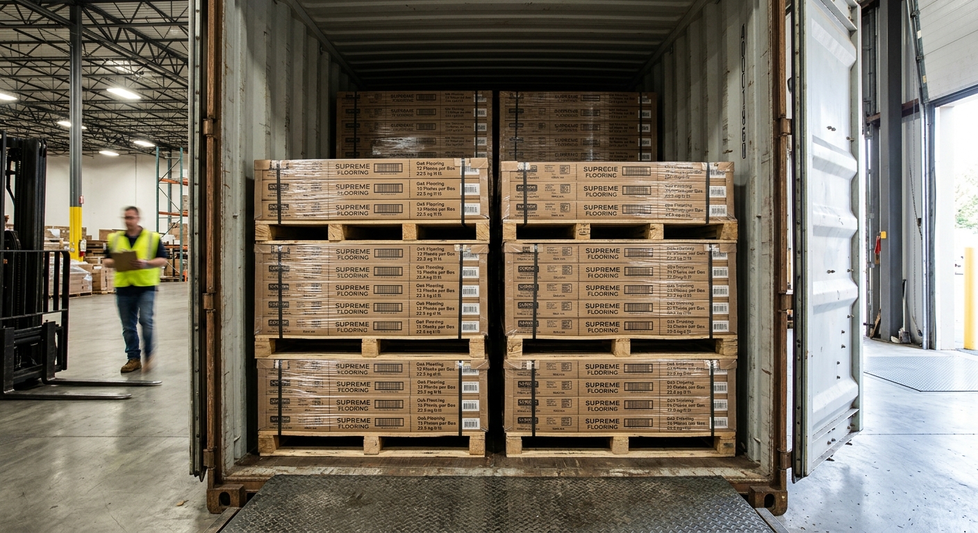 Organized pallets of flooring stacked inside an open shipping container