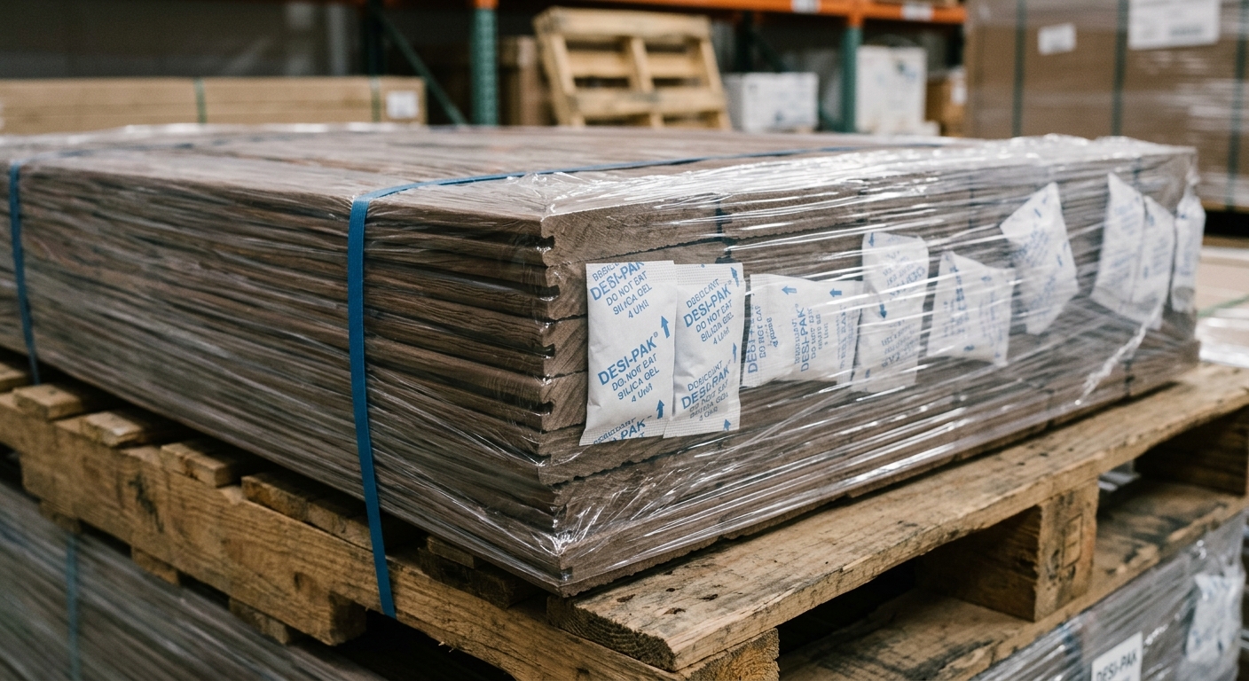 WPC decking boards wrapped in moisture barrier film with desiccant packets