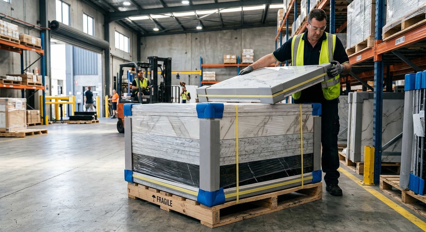 UV marble decorative panels stacked with edge protection before container loading