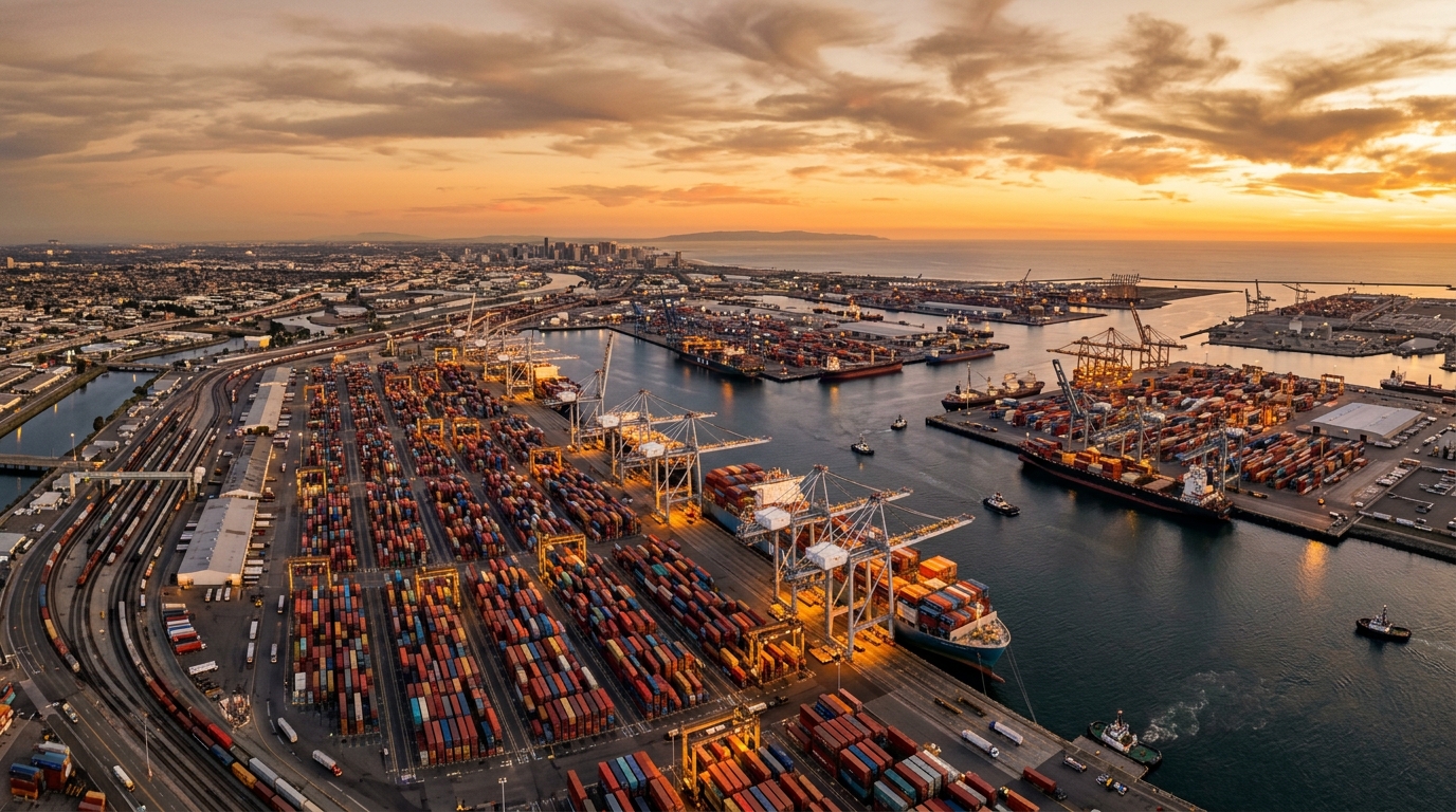 Aerial view of a congested container port with stacked shipping containers