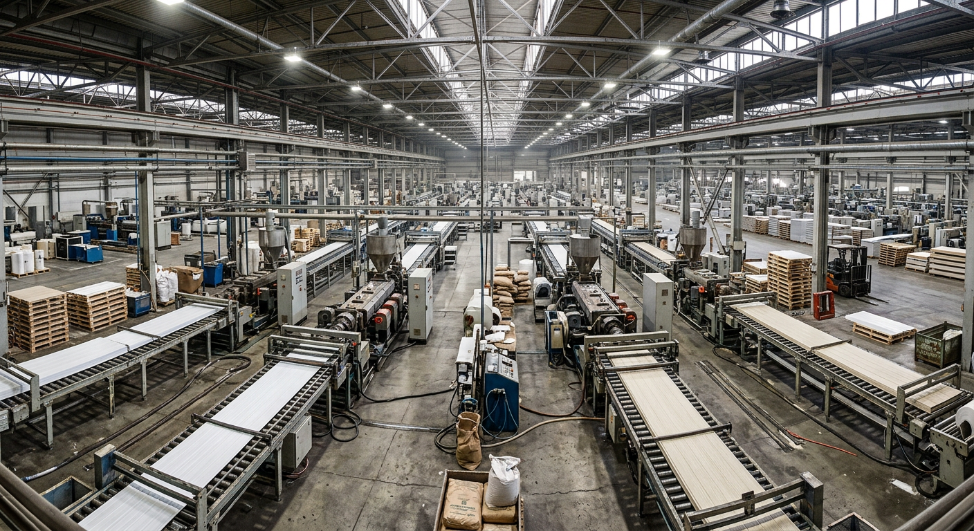 Large-scale PVC wall panel extrusion production line inside a factory