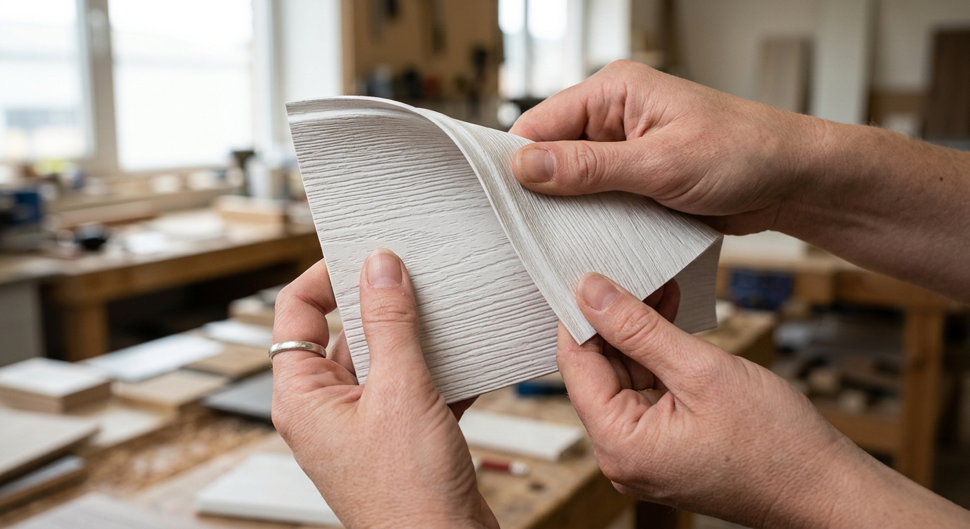 Testing flexibility and surface texture of a PVC wall panel sample by hand