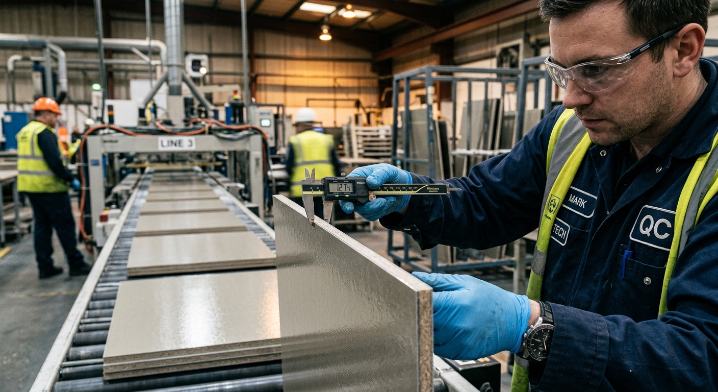 Quality control inspector measuring wall panel thickness with calipers on production line