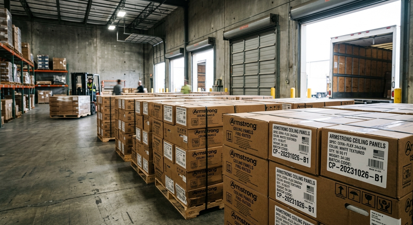 Ceiling panel cartons with batch codes in a warehouse