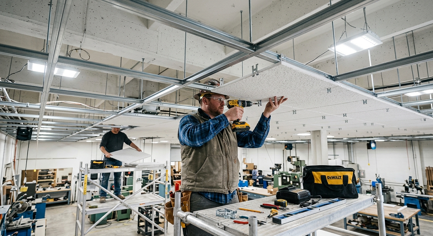 Ceiling panel installation with fastener clips on grid system