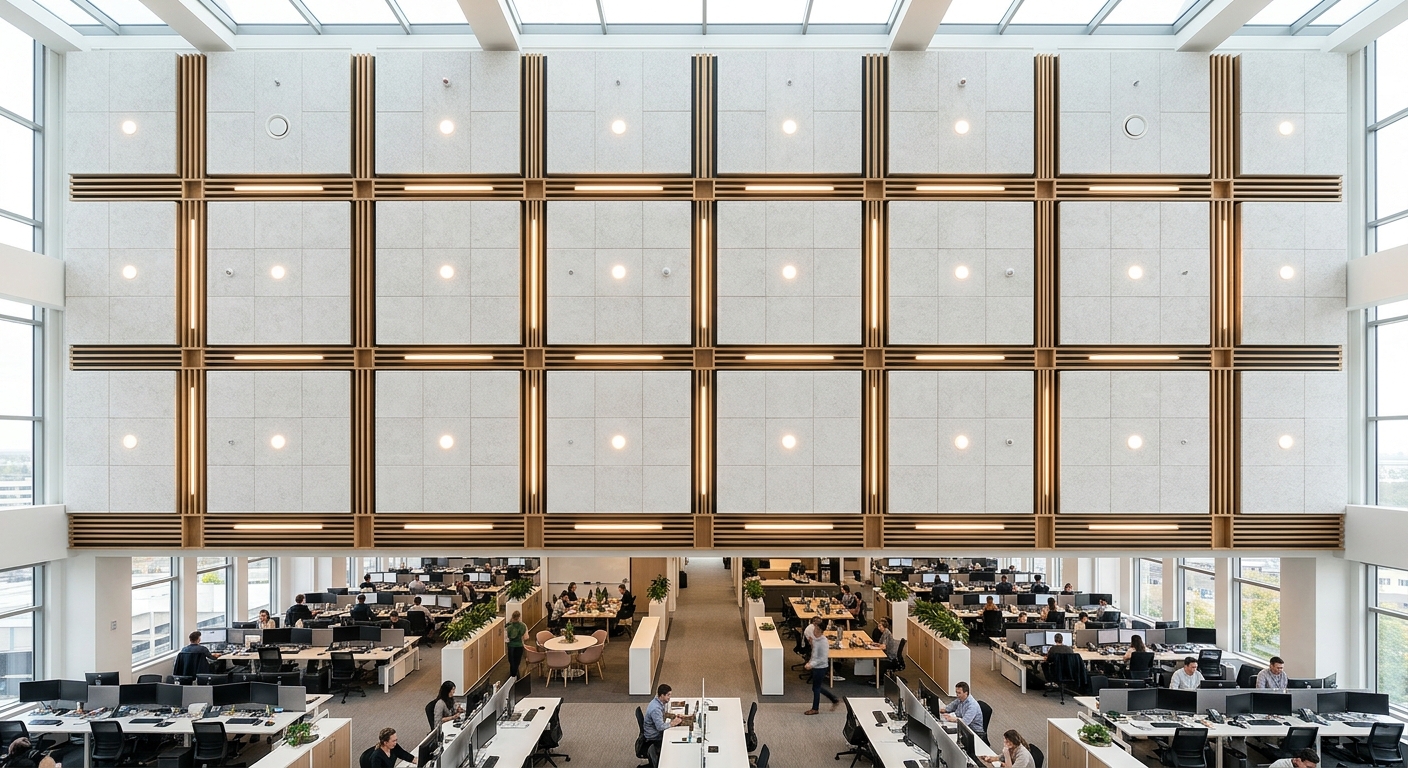 Symmetrical decorative ceiling panel layout in a modern office