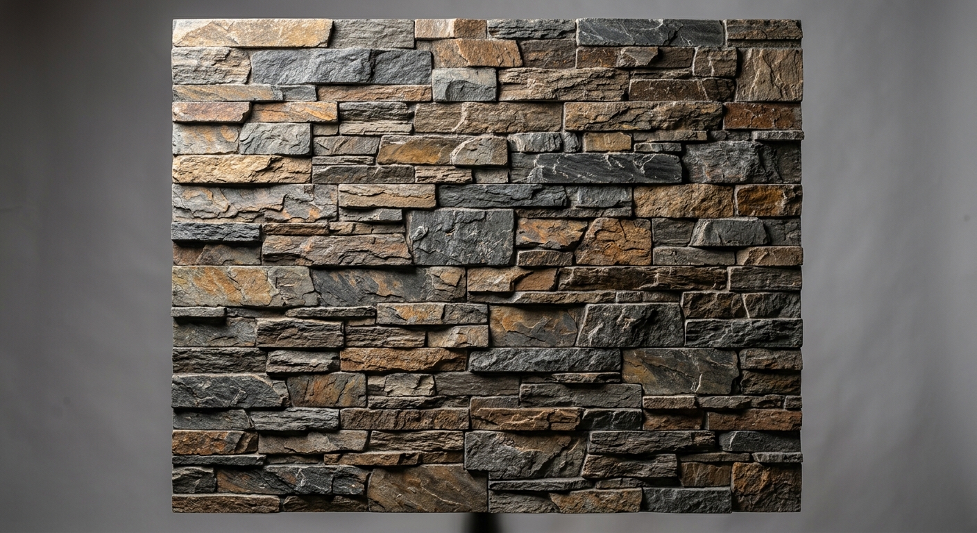 Close-up texture of PU stone panel showing realistic ledgestone finish