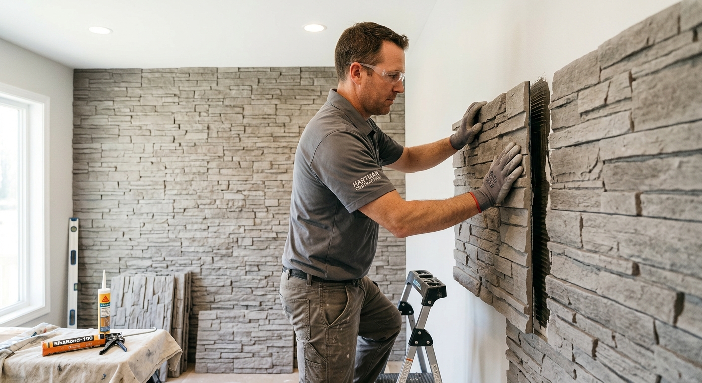 Contractor installing lightweight PU stone wall panel with adhesive