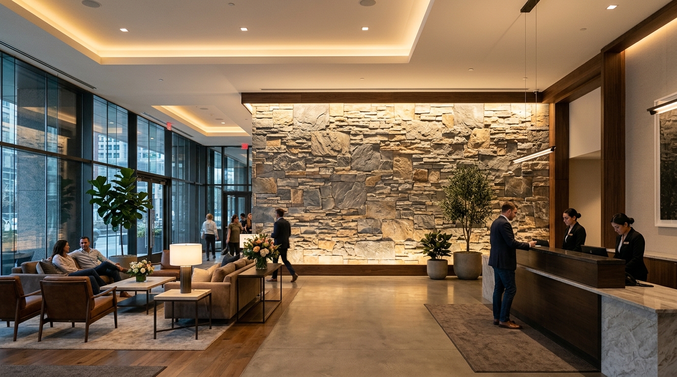 Hotel lobby feature wall clad in PU stone panels