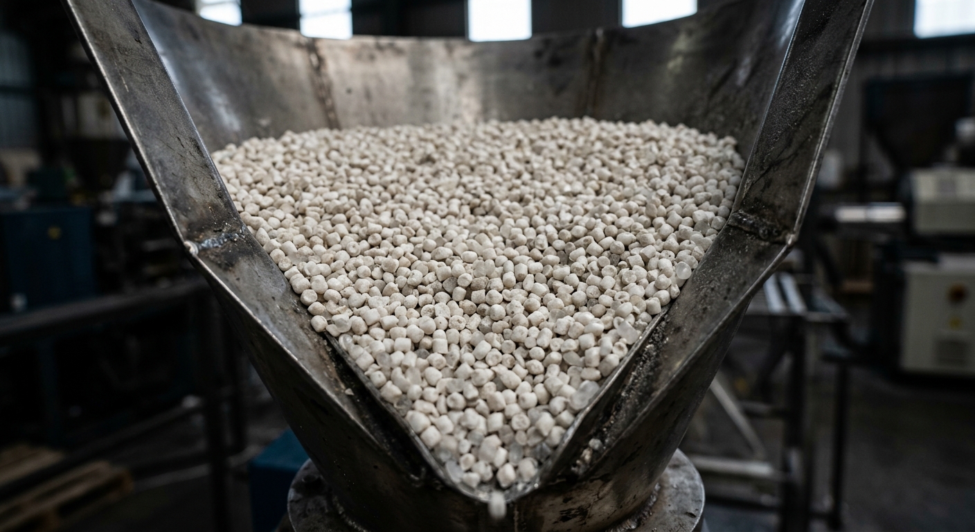 Close-up of virgin PVC resin pellets used in wall panel production