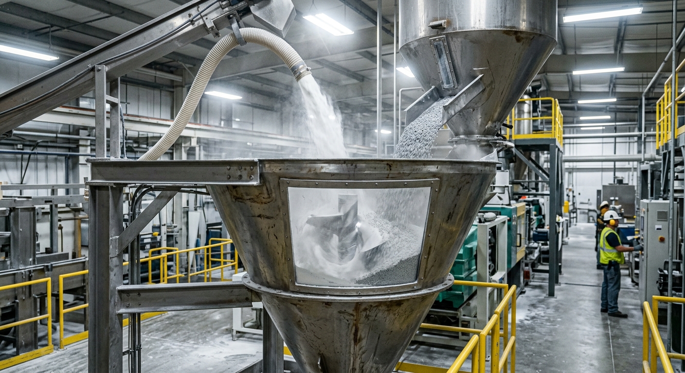 Calcium carbonate powder being mixed into PVC compound for wall panel manufacturing