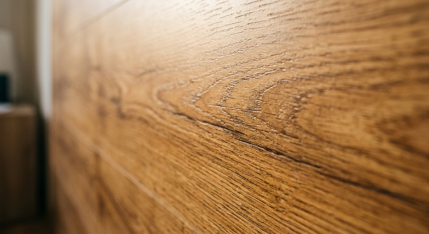 Macro detail of decorative wood grain film on a PVC wall panel surface