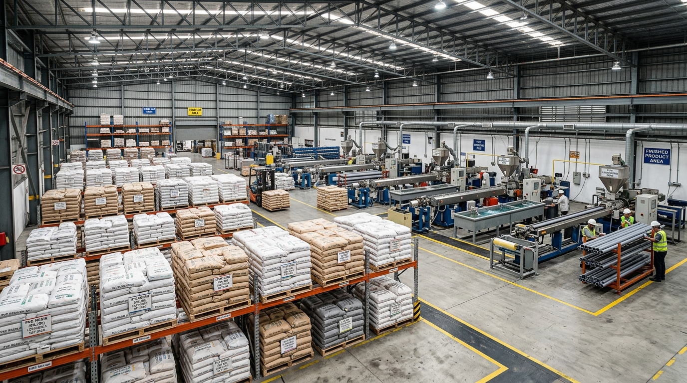Factory warehouse with raw material storage and PVC panel extrusion lines