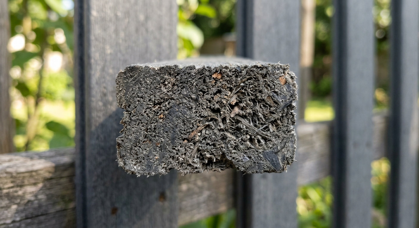 Cross-section of WPC fence picket showing wood-plastic composite material
